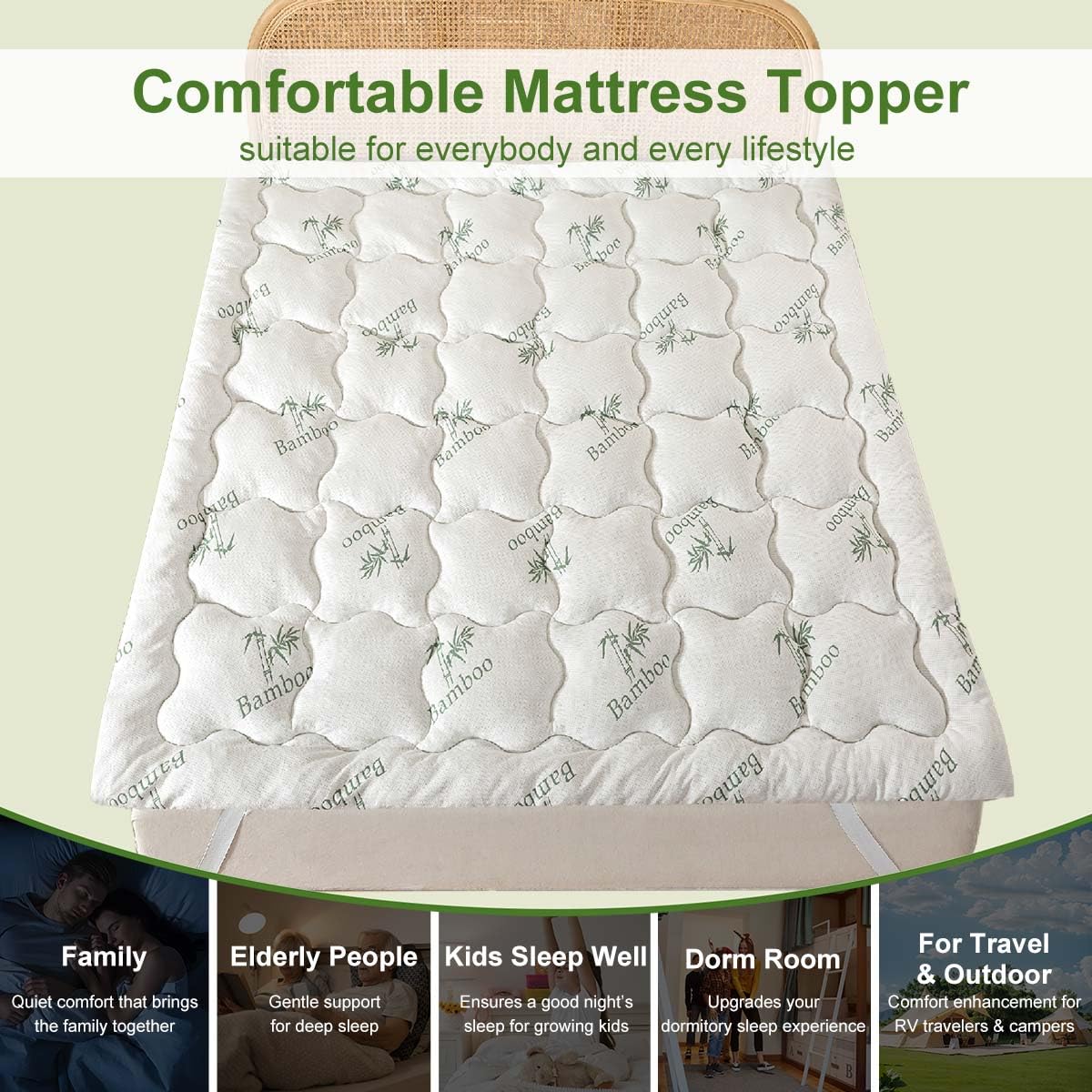 Whatsbedding Memory Foam Mattress Topper, 1500 GSM Thicker Slow Rebound Memory Foam Topper with Cooling Viscose Made from Bamboo Cover, 4 Blastic Bands