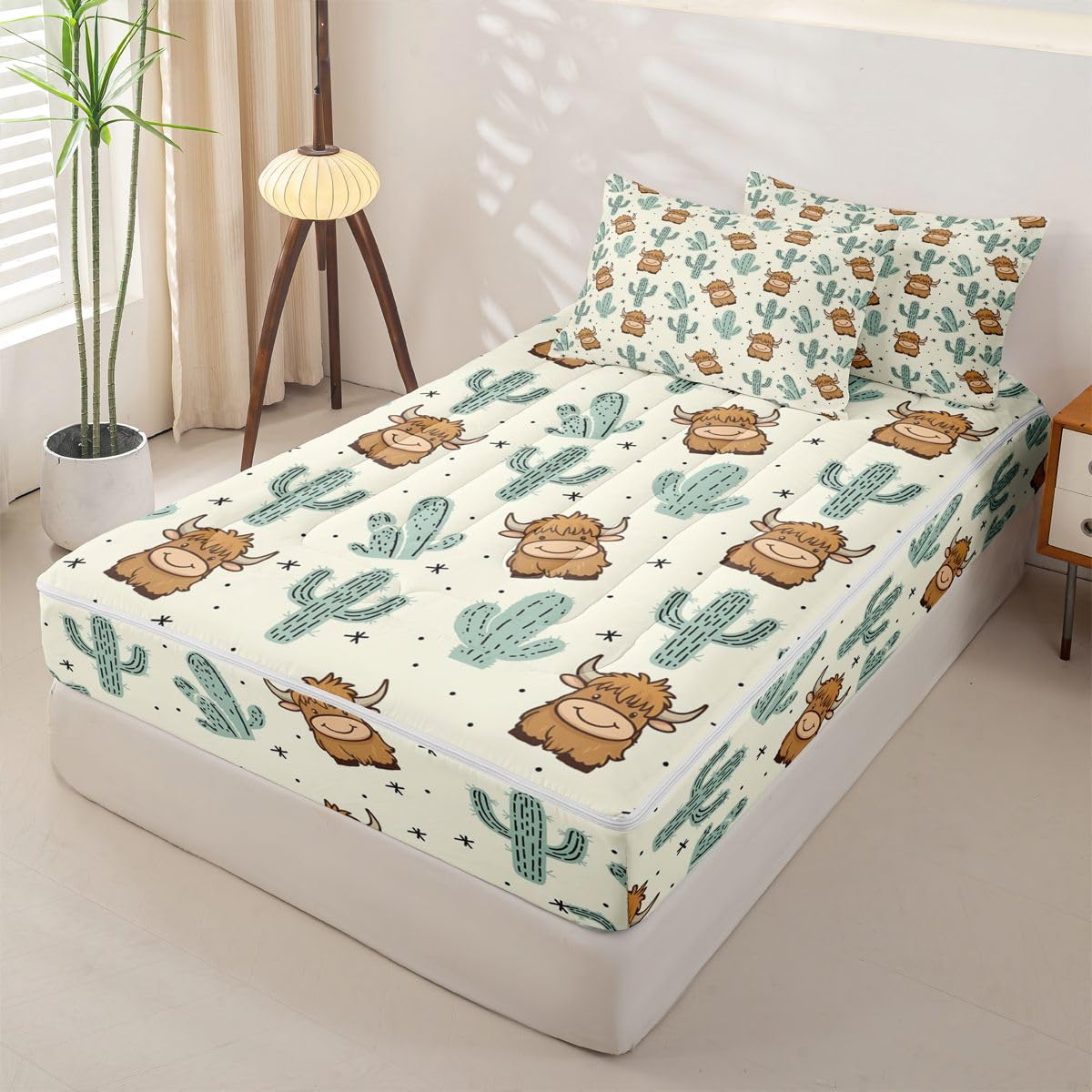 Feelyou Khaki Southwestern Aztec Zipper Bedding Twin Western Cactus Bohemian Boho Tribal Comforter Set with Fitted Sheet and Pillowcases Highland Cow Zipper Bedding Sets Highland Cattleorange