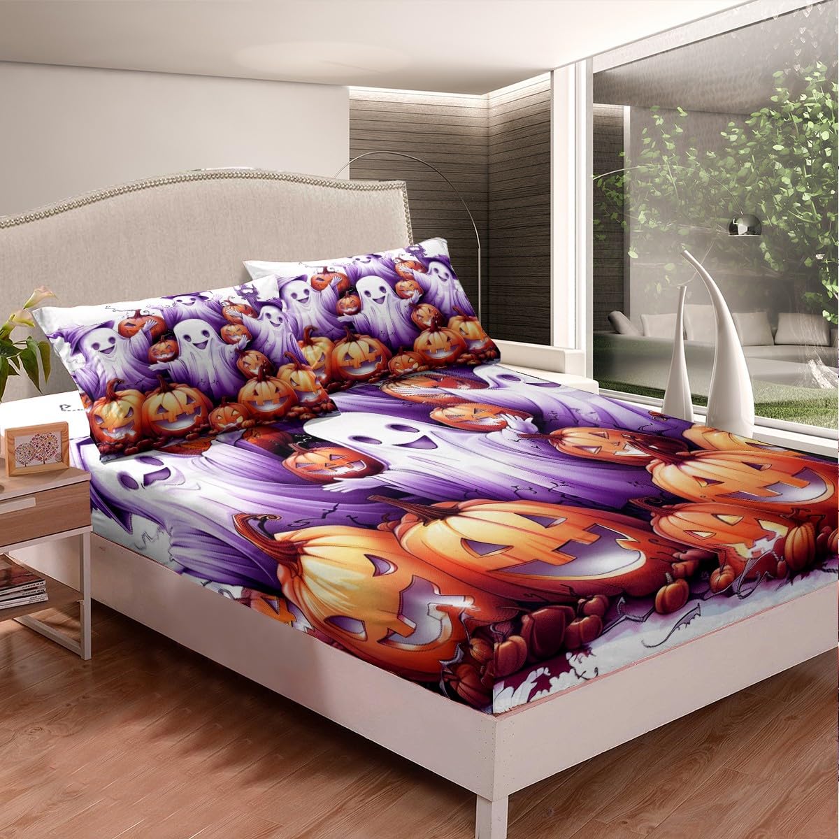 Kids Halloween Theme Fitted Sheet Queen Size,3D Ghost Pumpink Halloween Bedroom Decor Bedding All-Round Elastic Pocket,Gothic Tie Dyed Skull Bed Sheet 3 Pieces Fits Mattress