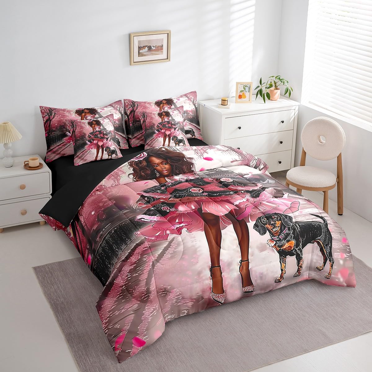 Black Fashion Lady Comforter Set Twin Size,Paris Eiffel Tower Bedding Set for Girls Teens,Romantic Valentine's Day (Comforter+Fitted+Flat Sheet+2 Pillowcases+2 Throw Pillow Covers) 7 Pieces