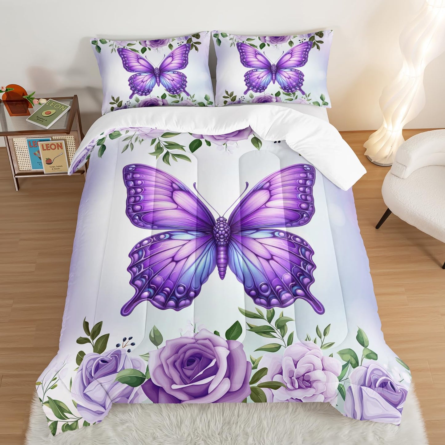 UEVBF Beautiful Butterfly Bedding Comforter Set Twin Size,Blossoming Flowers Pattern Bedding Set for Kids Girls Toddlers Room Decor,Nature Insect Themed Bed Comforter Sets with 2 Pillowcases.