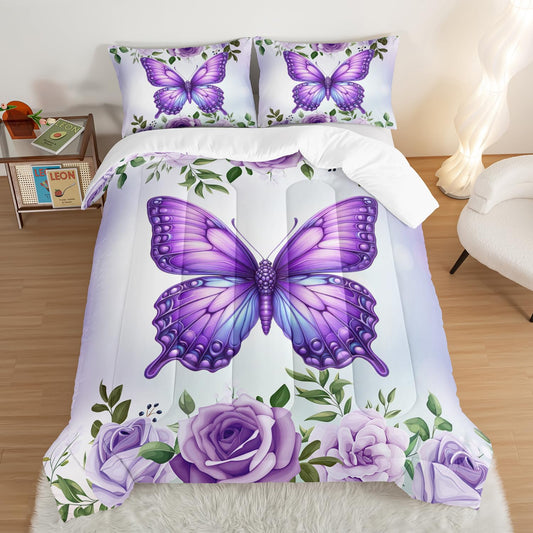 UEVBF Beautiful Butterfly Bedding Comforter Set Twin Size,Blossoming Flowers Pattern Bedding Set for Kids Girls Toddlers Room Decor,Nature Insect Themed Bed Comforter Sets with 2 Pillowcases.