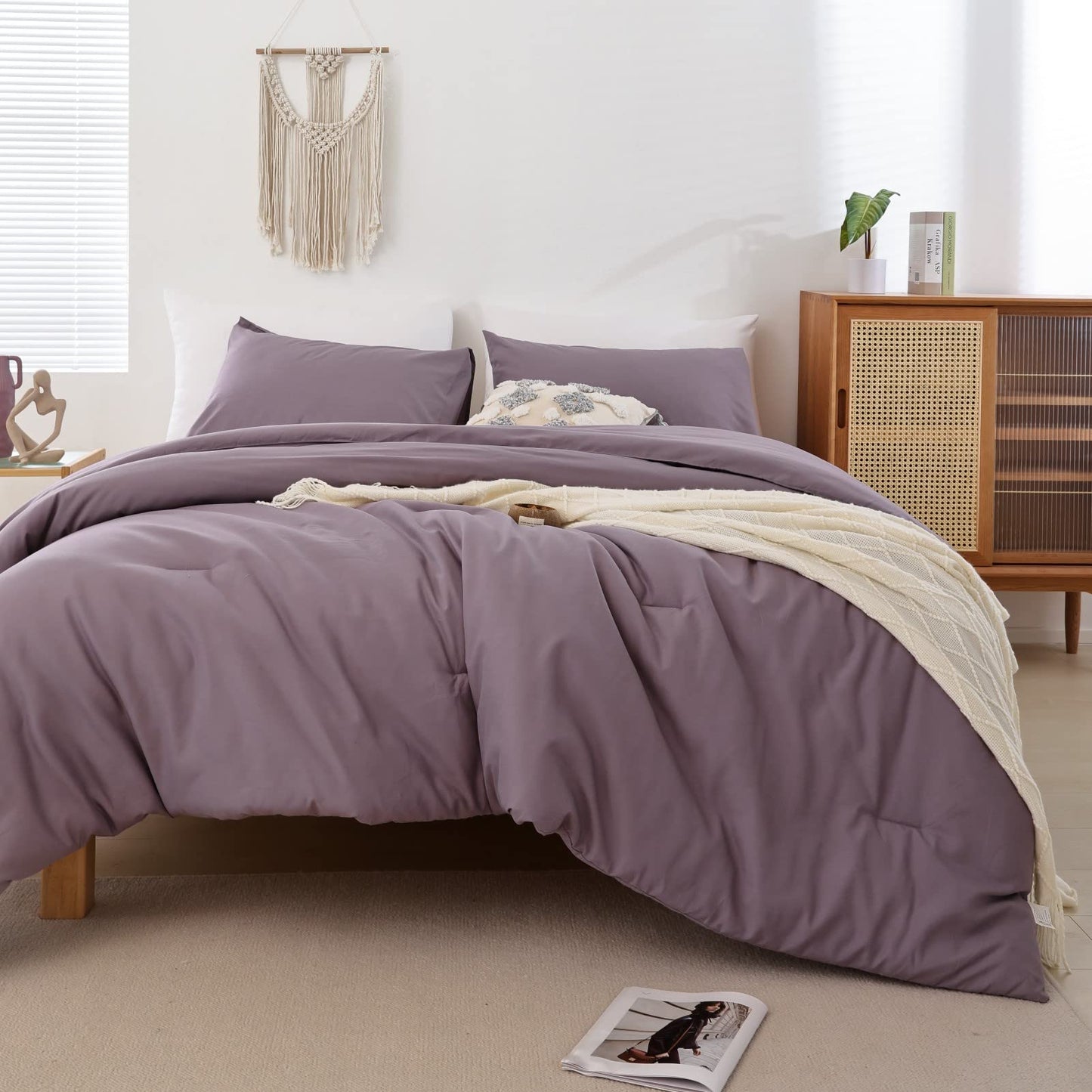 ROSGONIA Comforter Full Size for Boys Teen Girls Dusty Purple, 3pcs(1 Boho Comforter & 2 Pillowcases) Lightweight Dorm Bedding Soft All Season Bed Set