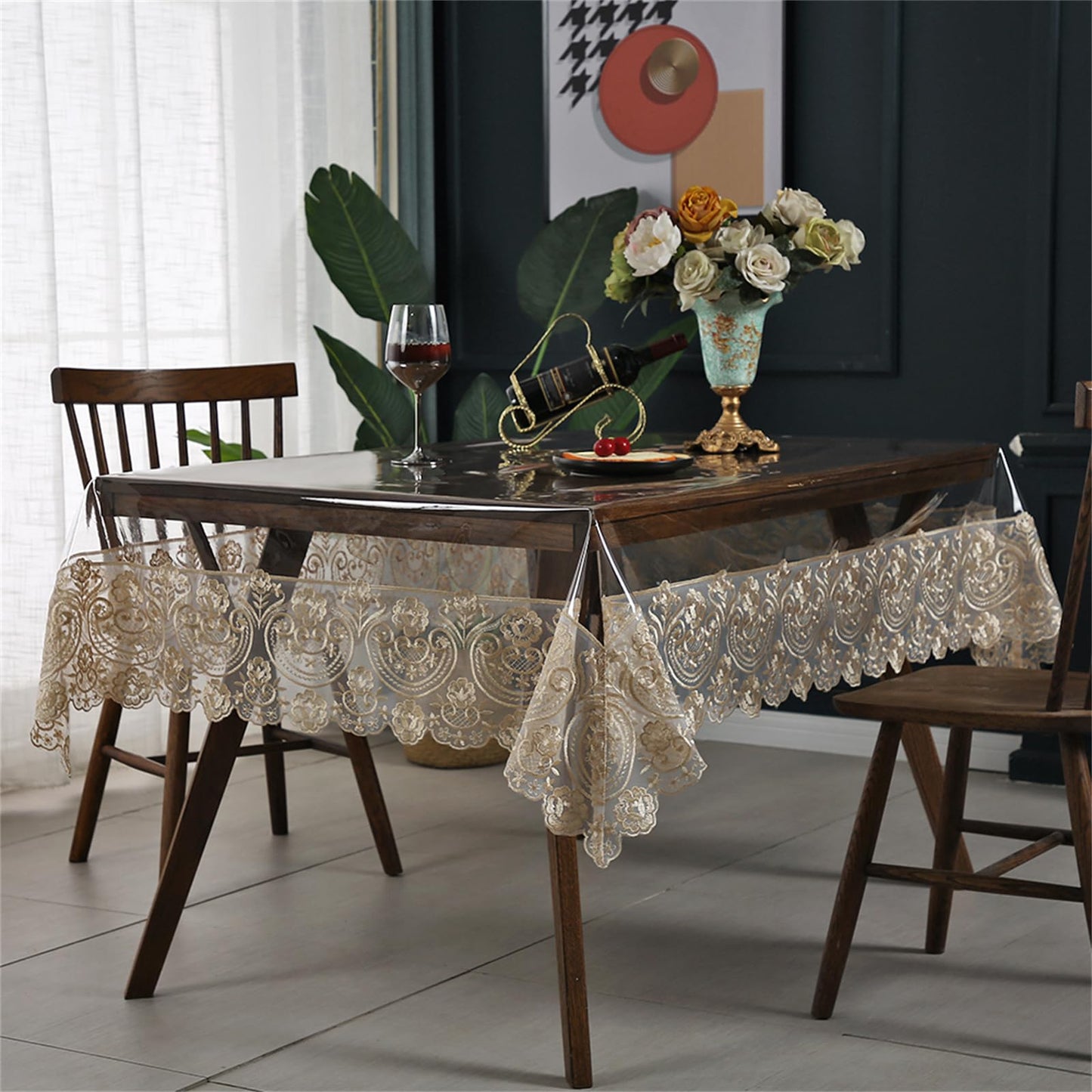 Clear Plastic Rectangle Tablecloth Vinyl Waterproof Table Cloth Embroidered Lace Edge Transparent Table Cover for Dining Kitchen Outdoor(52 x 70 inch, Coffee Style 1)