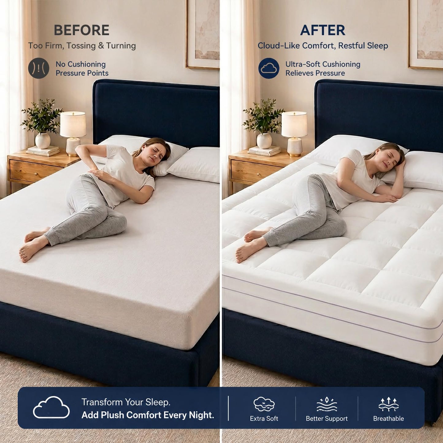 ABENE Full Size Dual Layer 3 Inch Memory Foam Mattress Topper, 2 Inch Gel Memory Foam Plus 1 Inch Down Alternative Pillowtop Mattress Pad Cover, Thick Soft Bed Topper Support for Back Pain