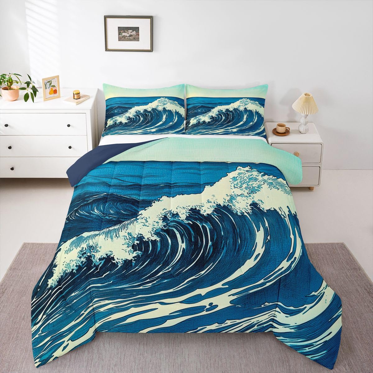 jejeloiu Wave Pattern Kids Comforter Set Queen Size Japanese Style Bedding Set Ocean Wave Duvet Quilt for Kids Boys Girls Bedroom Decor Microfiber Ultra Soft Breathable