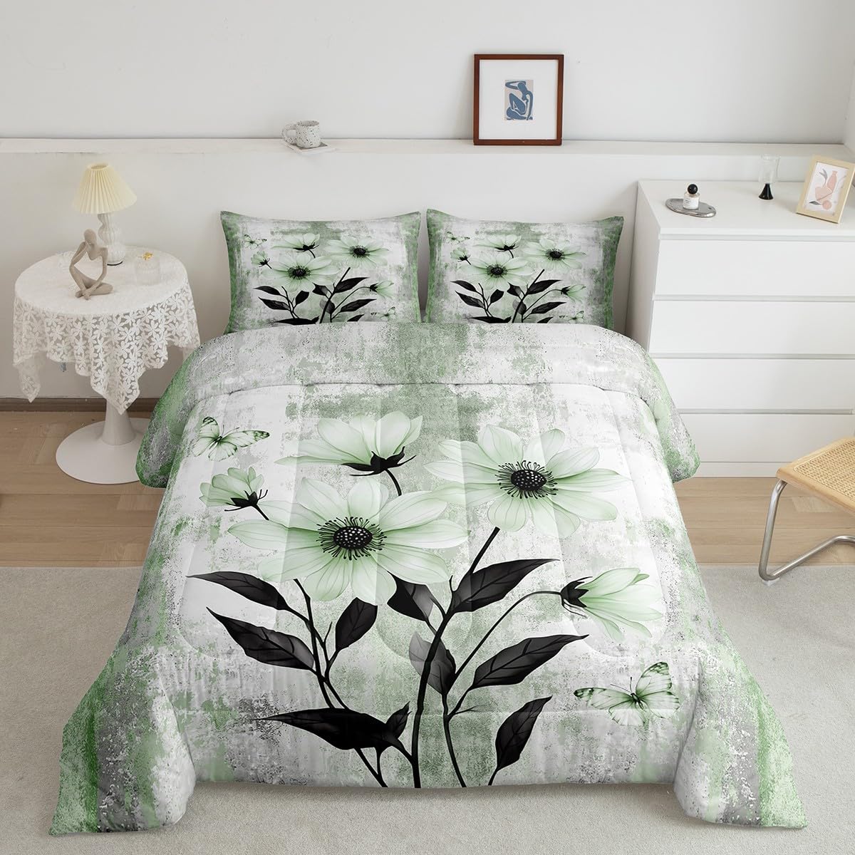 Erosebridal Watercolor Daisy Floral Queen Comforter Set Abstract Oil Painting Bedding Set Rustic Farmhouse Bed Set Green White Flowers Quilt Set