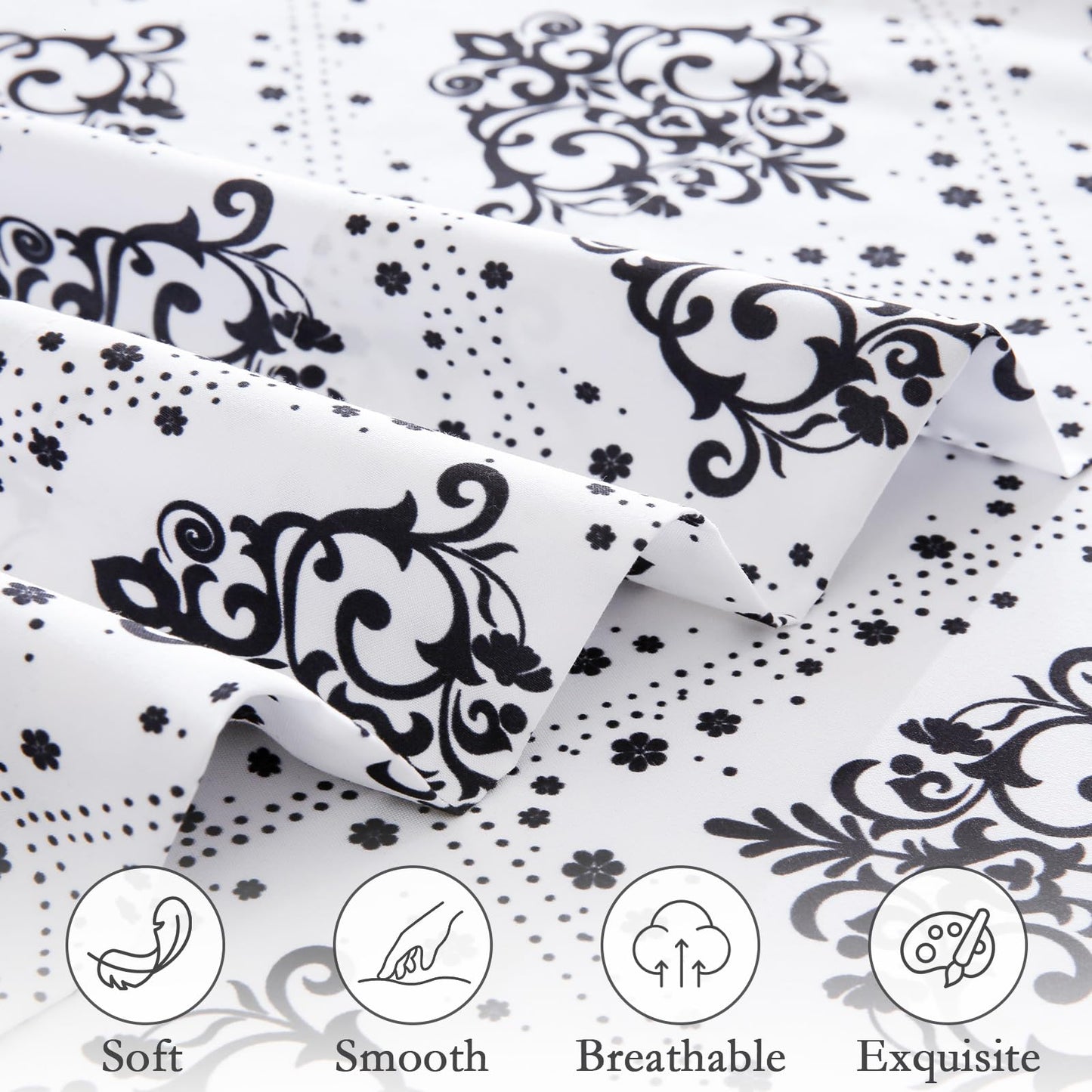 ChicView King Size Damask Printed Sheet Set,4 Pieces Boho Style Breathable Soft Microfiber Bedsheets, Anti Pilling Deep Pockets Easy Care Bed Sheets, Black