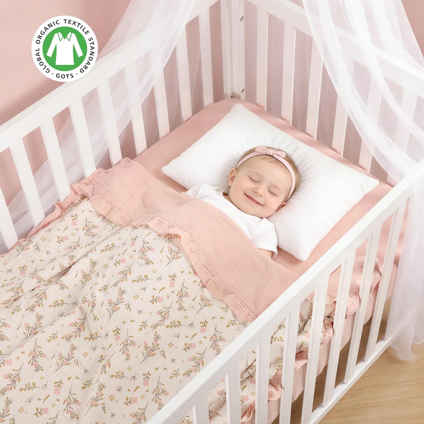 Organic Baby Blanket Flounce Edge Large 50"x43" Floral, 100% Muslin Cotton Super Soft Breathable Toddler Quilt Crib Blankets Gender Neutral for Baby Boys and Girls Bassinet, Bed, Stroller & Snuggling