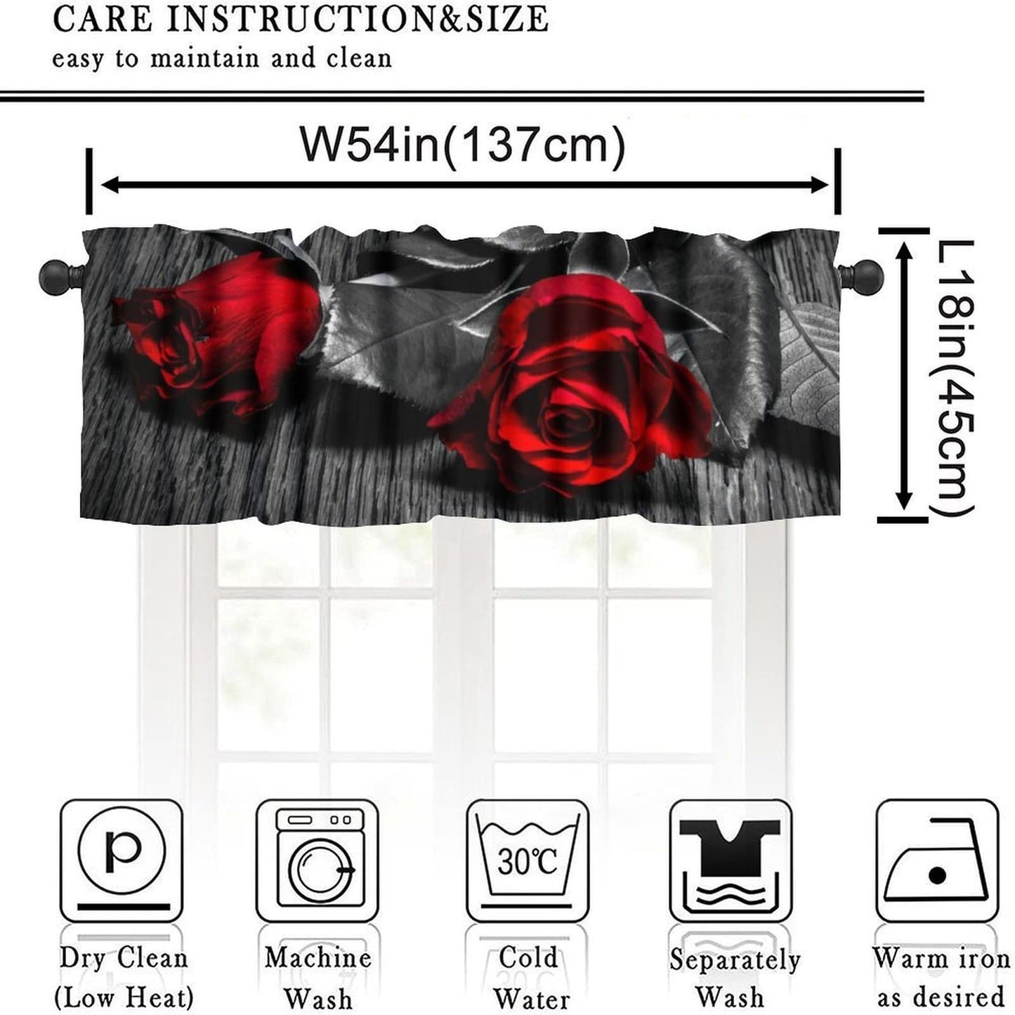 AAVEUP Rose Valance Curtain Romantic Retro Country Style Black and White Elegant Art Red Rose Valances Window Treatment for Kitchen Girls Bedroom Living Room 54x18In