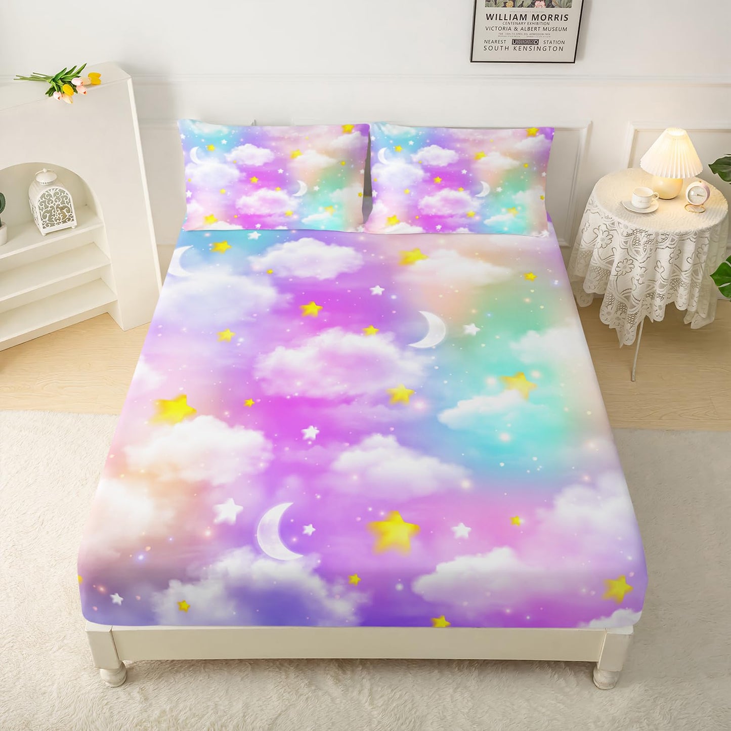 QOOMO Rainbow Clouds Kids Bed Sheets Full Size,Moon Star Print Bedding Sheet Set,4Pcs Colorful Gradient Deep Pocket Bed Sets with 1 Fitted Sheet 1 Flat Sheet 2 Pillowcases for Boys Girls Teens