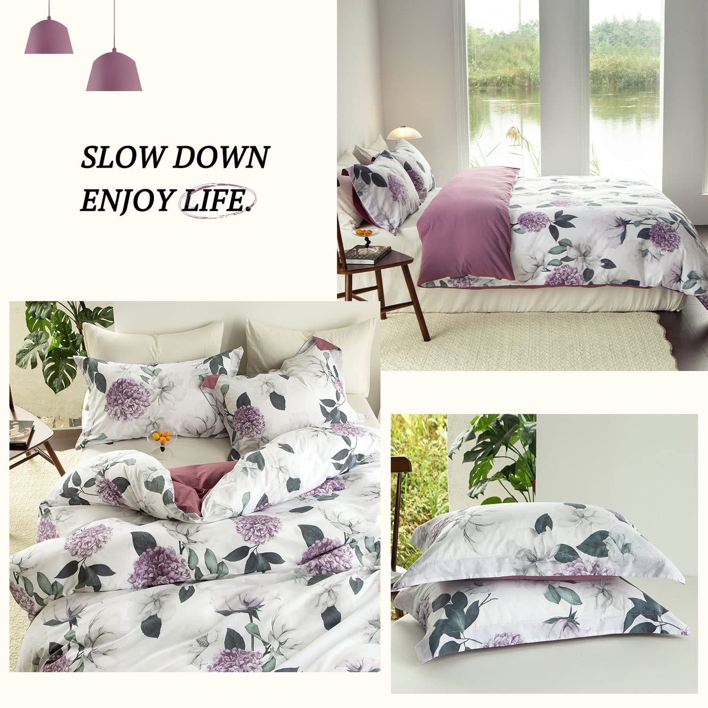 MILDLY 100% Washed Cotton Duvet Cover - Hydrangea Floral Comforter Cover Set Botanical Flower Pattern Bedding Set with Zipper Closure