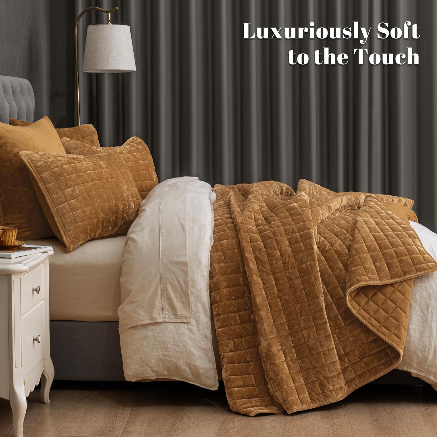 PHF Luxurious Velvet Quilt Set Queen Size – 3PCS Super Soft Quilted Comforter Alternative with Square-Box Quilt Pattern, Warm Quilted Bedspread Coverlet, 90" x 92", Rusty Burnt Orange