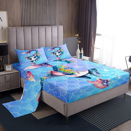 Rainbow Cartoon Cat Bed Sheet Set Colorful Mermaid Sheets Set for Kids Boys Girls Room Decor Blue Mermaid Scales Bedding Set Ocean Gradient Style Sheets with Deep Pocket Fitted Sheet 4Pcs Full Size