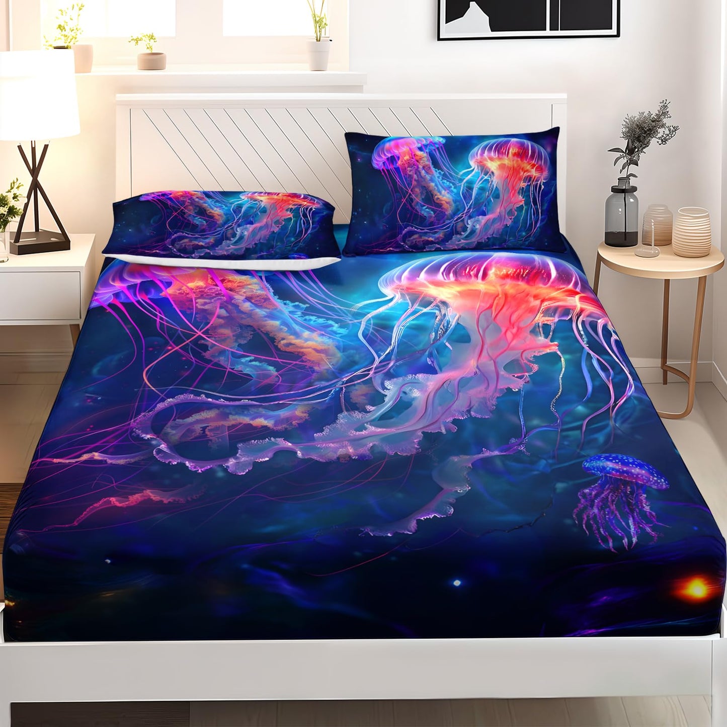AILONEN Fantasy Jellyfish Bed Sheets Set 3 Pieces Twin Size,Blue Ocean Beautiful Jellyfish Fitted Sheet Set for Teen Boys Girls,Galaxy Sea Theme Bedding Sets for Bedroom Decor with 2 Pillowcases