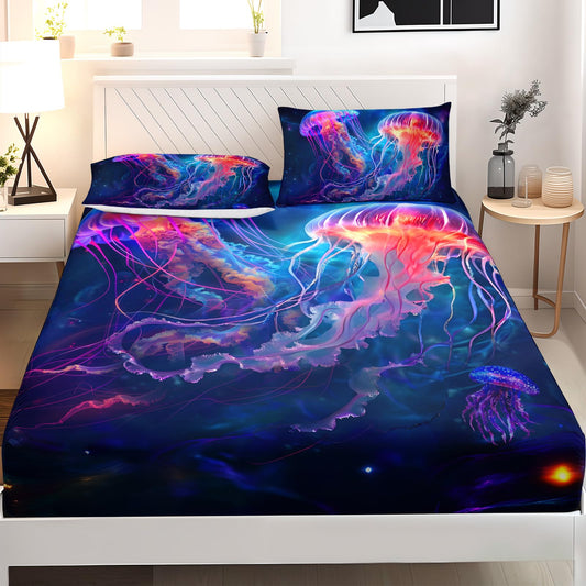 AILONEN Fantasy Jellyfish Bed Sheets Set 3 Pieces Twin Size,Blue Ocean Beautiful Jellyfish Fitted Sheet Set for Teen Boys Girls,Galaxy Sea Theme Bedding Sets for Bedroom Decor with 2 Pillowcases