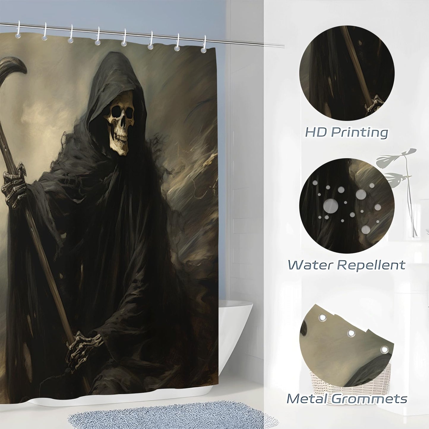 ZROLUW Skeleton Black Ghost 3D Shower Curtains 36" W x 72" L Gothic Skull Printed Waterproof Bathroom Curtain Fabric with Hook