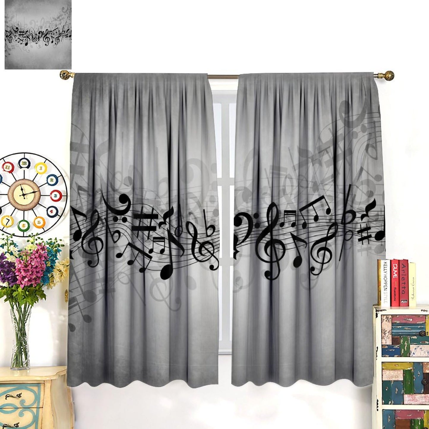 Djaby Music Notes Curtain, Musical Notes Rhythm of The Song Curtain Black and White Singing Clef Ornamental Window Treatments for Bedroom Living Room Home 42" W X 45" L(No Blackout)