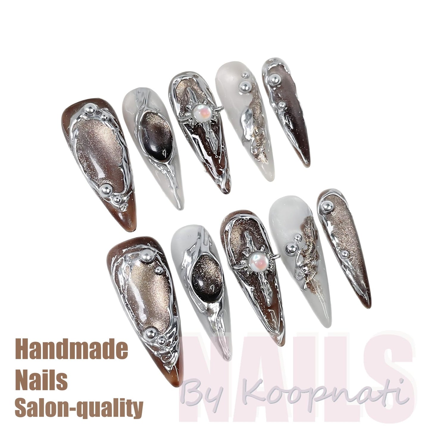 Handmade Press On Nails Long Almond Homemade Press On Nails French Tip With 3D Design Fake Nail Art For Women M