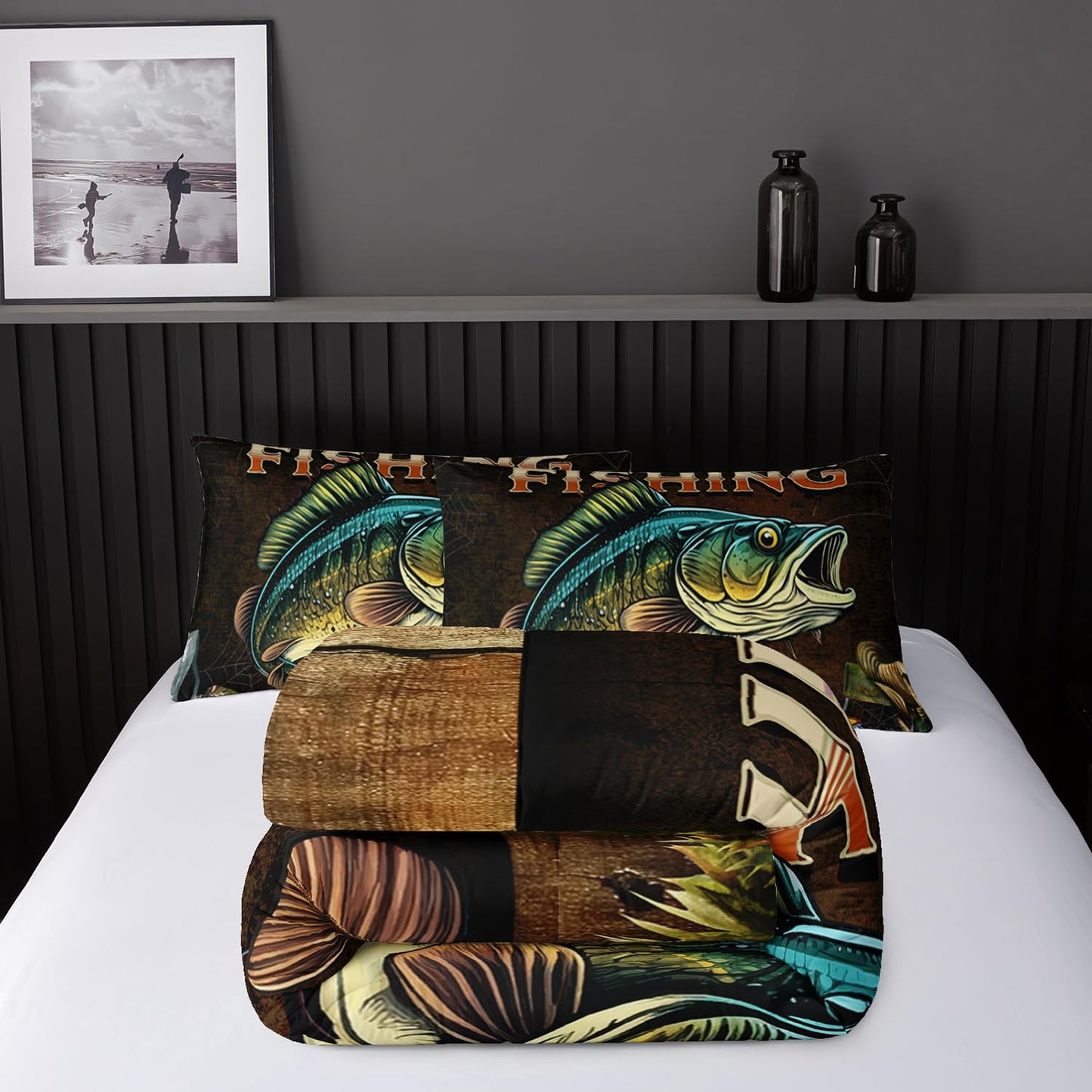 Nttopship Big Pike Fish Bedding, Bass Fishing Comforter Set Hunting and Fishing Brown Green Bedding Set Themed Comforter Set for Kids Boys Room Decor, Twin Bed in a Bag for Teens with 2 Pillowcases