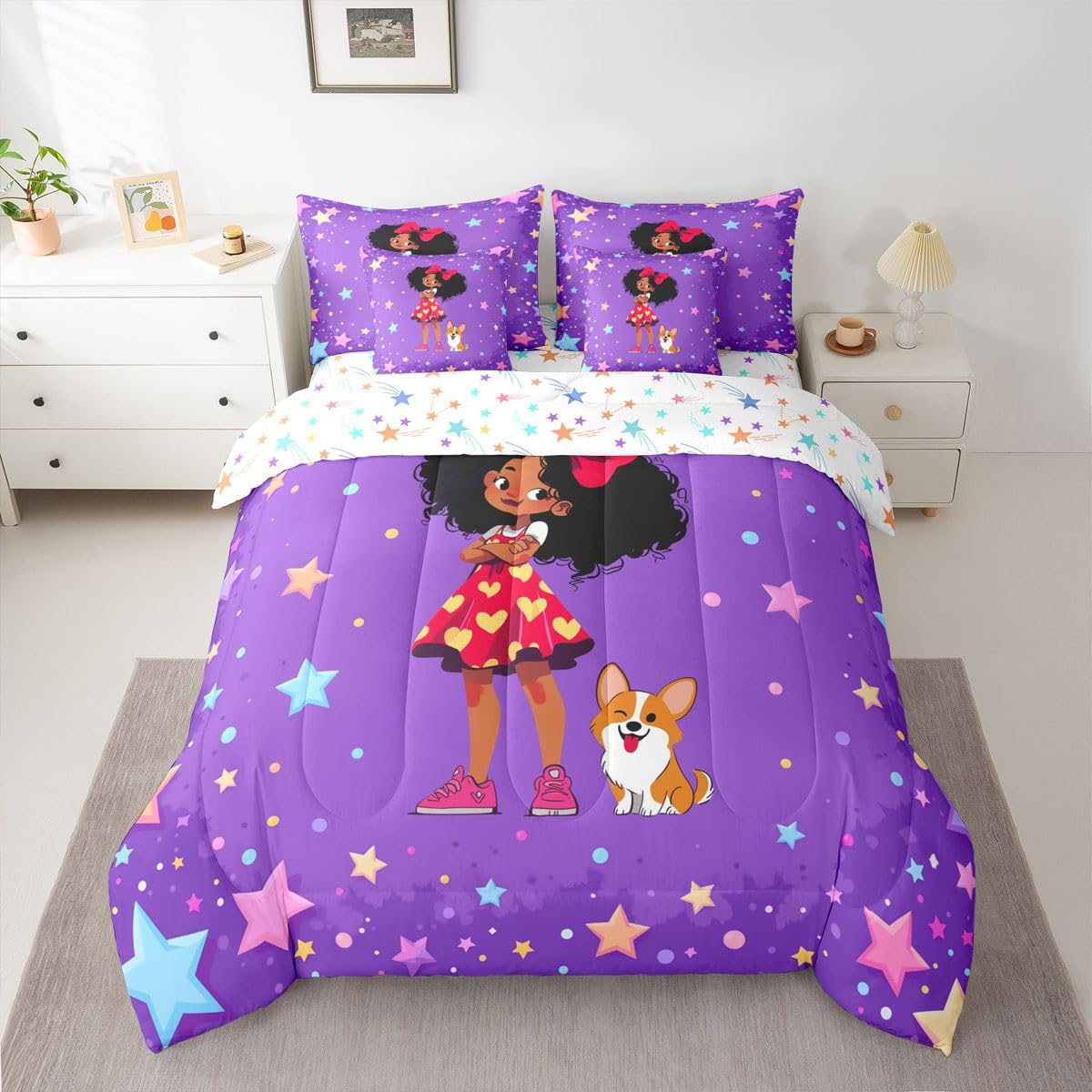 Erosebridal Cartoon Black Girls Queen Bedding Set Coloful Stars Print Comforter Set with Flat and Fitted Sheet Kids Teen Cute Polka Dots 7-Piece Bed in a Bag Kawaii Bow Girl Dog Quilt Sets