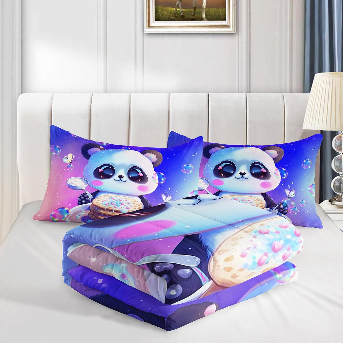 Nttopship Kawaii Panda Comforter Set Queen, Violet and Pink 3 Pieces Bedding Set for Teens Kids,Kawaii Down Alternative Bed Comforters Bedding Sets for All Season