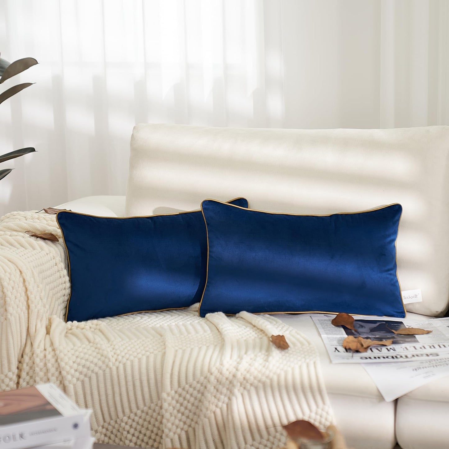 Aeckself Pack of 2 Luxury Velvet Navy Blue Lumbar Pillow Covers 12 x 20 Inch, Modern Decorative Pillowcase with Gold Trim Edge, Comfortable Soft Solid Cushion Case for Couch Bedroom Living Room