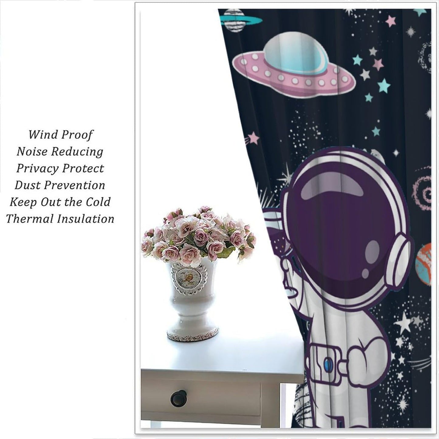 GoDazzling Cartoon Outer Space Curtains, Kids Astronaut Fantasy Window Drapes, for Boys Girls Bedroom Living Room 41" W X 45" L (No Blackout)