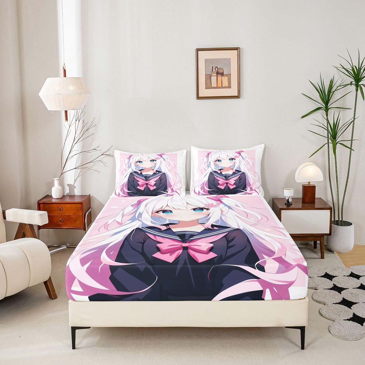 Erosebridal Kawaii Japanese Girl Sheets Cartoon Anime Bedding Set Twin for Kids Boys Girls 3D Japanese Style Bed Sheets Set Sailor Suit Uniform Girl Design Fitted Sheet + Top Sheet + 1 Pillowcase