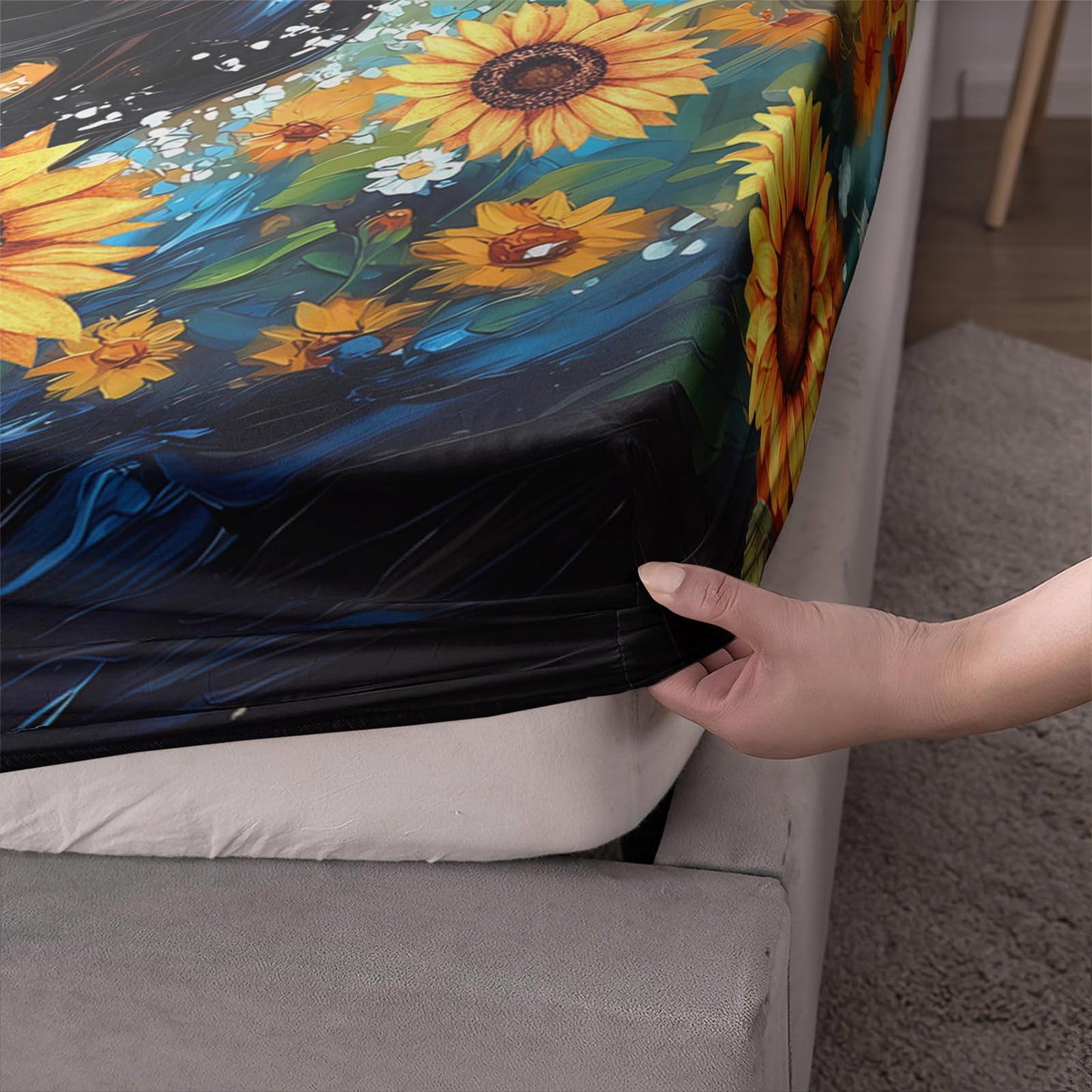 AILONEN Galloping Horse Bedding Sets for Kids Teens,Yellow Sunflower Floral Bed Sheets Set, Queen Size,Wildlife Animal Theme Fitted Sheet Set,1 Deep Pocket + 2 Pillowcase,Soft Breathable
