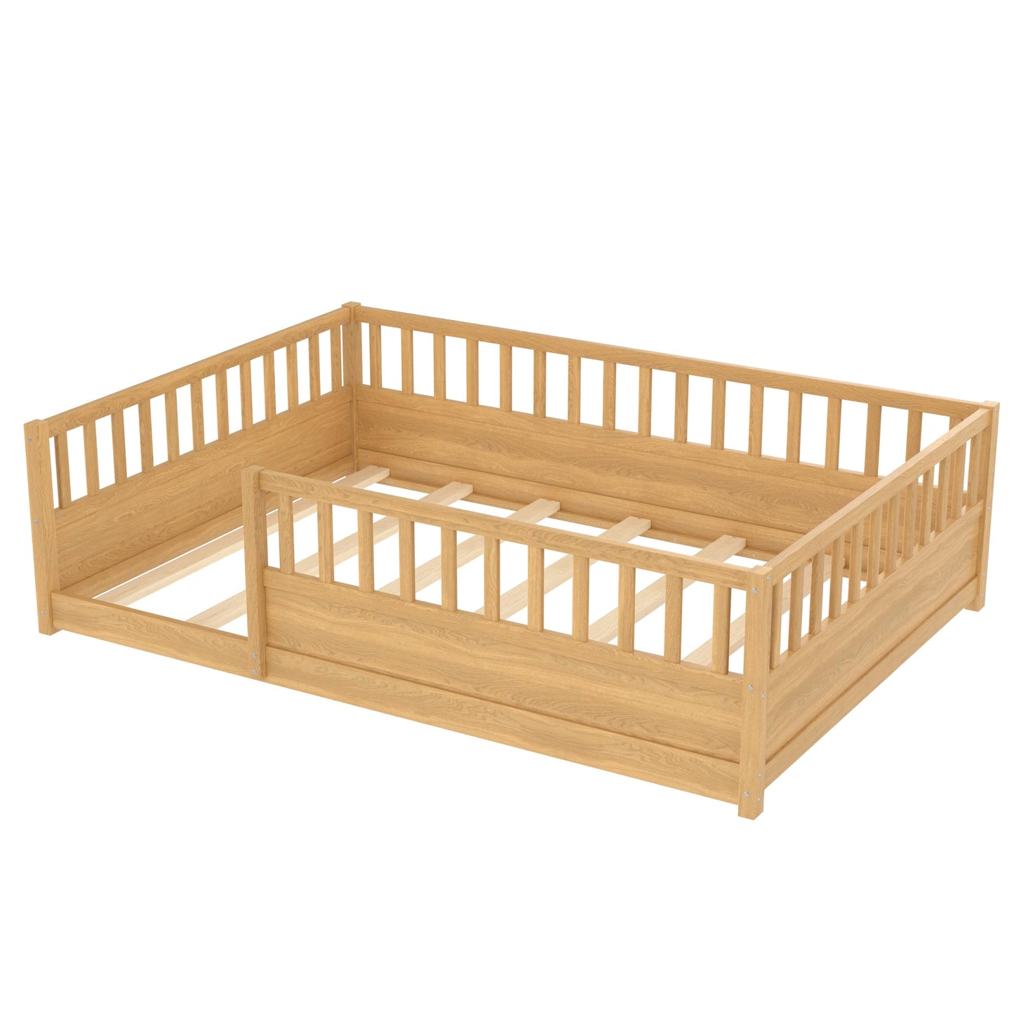 KEIKI Full Size Floor Bed, Montessori Floor Bedframe with Fence, Wood Bed with Support Slat for Living Room, Natural