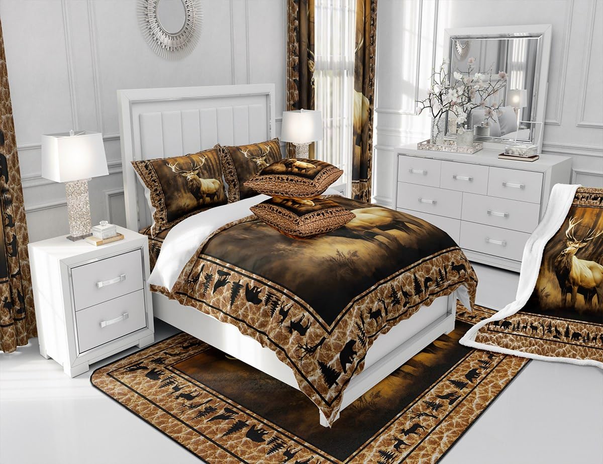Manfei Deer Comforter Set Queen Size, Wild Animal Theme Bedding Set 3pcs for Kids Boys Teens Bedroom Decor, Black Elk Bear Wolf Trees Quilt Set Wildlife Hunting Duvet Set with 2 Pillowcases