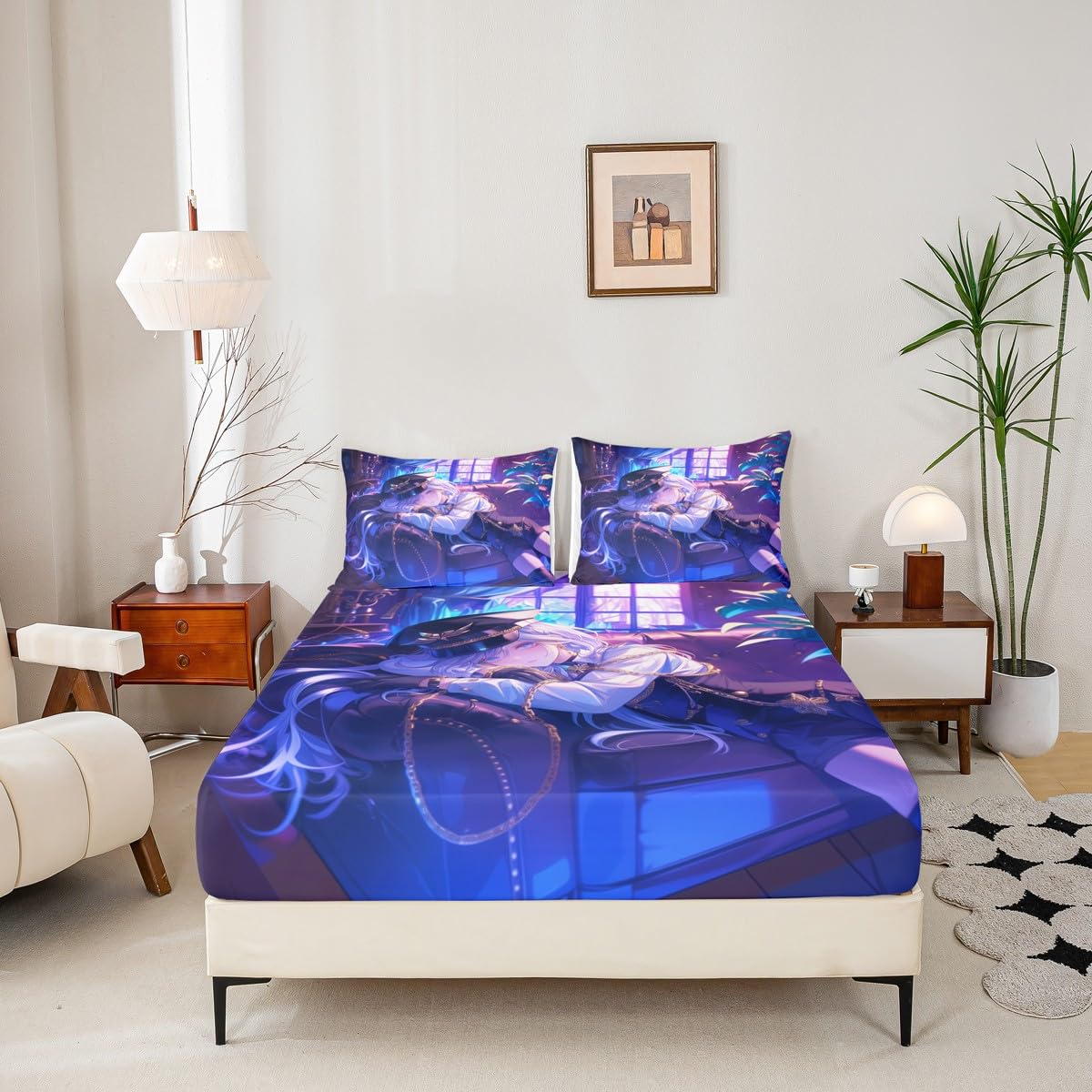 Erosebridal Anime Girl Fitted Sheet Twin Size Japanese Anime Bed Sheets for Kids Boys Teens Women Bedroom Decor, Cartoon Girl Bedding Set Japanese Animation Kawaii Sheets, Purple
