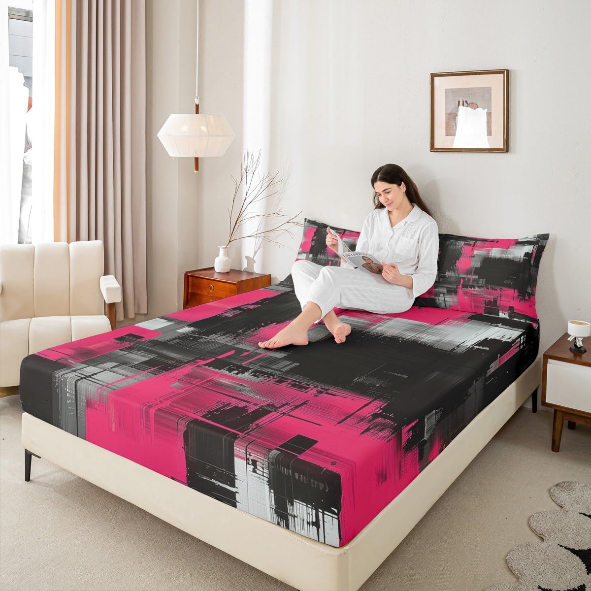 jejeloiu Abstract Fitted Sheet Twin Size for Kids Boys Girls Black and Pink Bed Sheets Set 16" Deep Pocket Soft Breathable Microfiber Art Aesthetic Bedding with 1 Pillowcase Geometric Room Decor