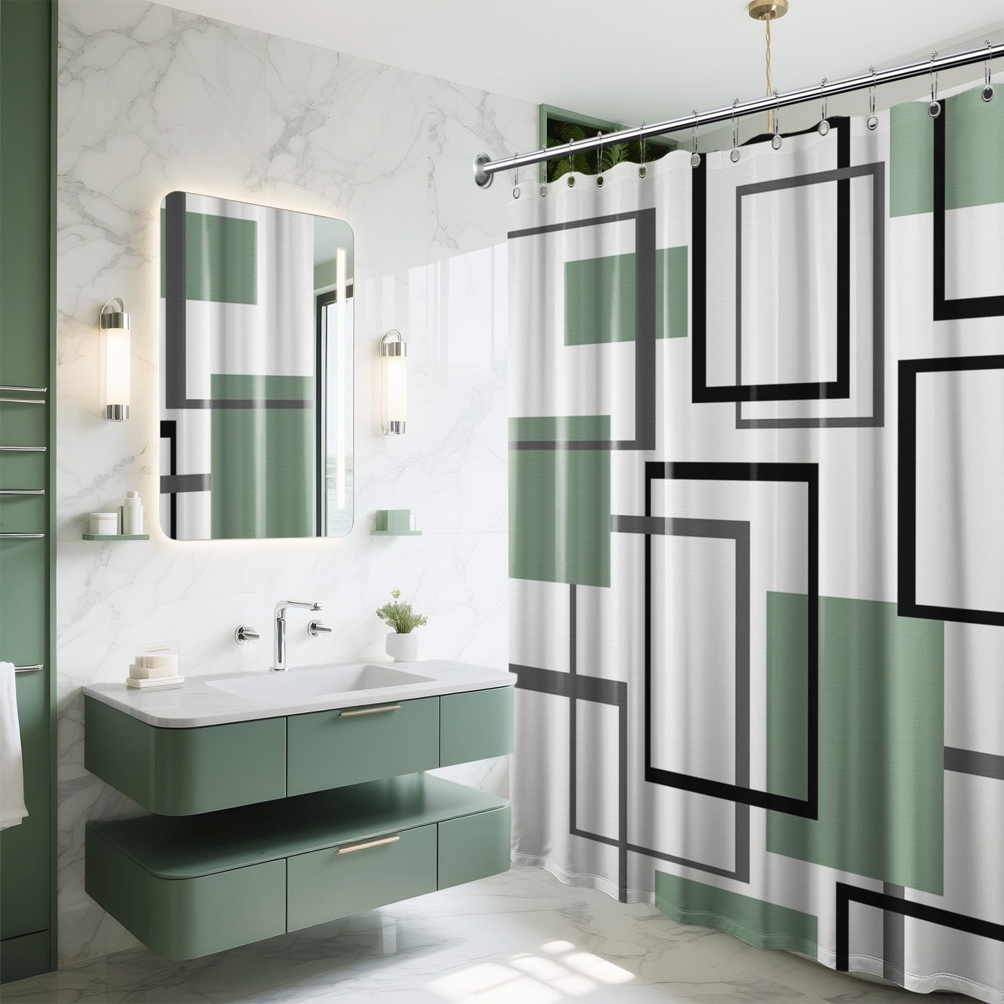 Yieldeer Geometric Shower Curtain, Green and White, 70 x 72 in