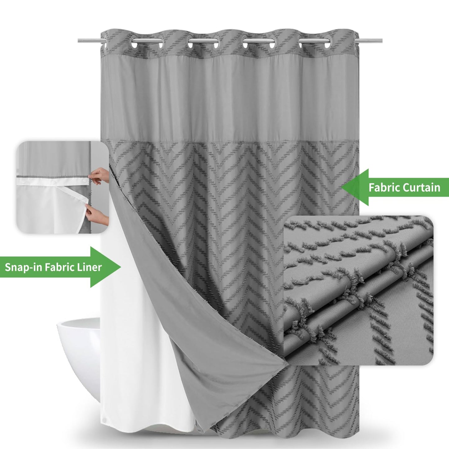 eachope No Hook Tufted Chevron Striped Shower Curtain with Snap-in Fabric Liner set-71Wx74H(72H),Grey Hotel Grade Boho Style Shower Curtain with See Through Top Window,Water Repellent