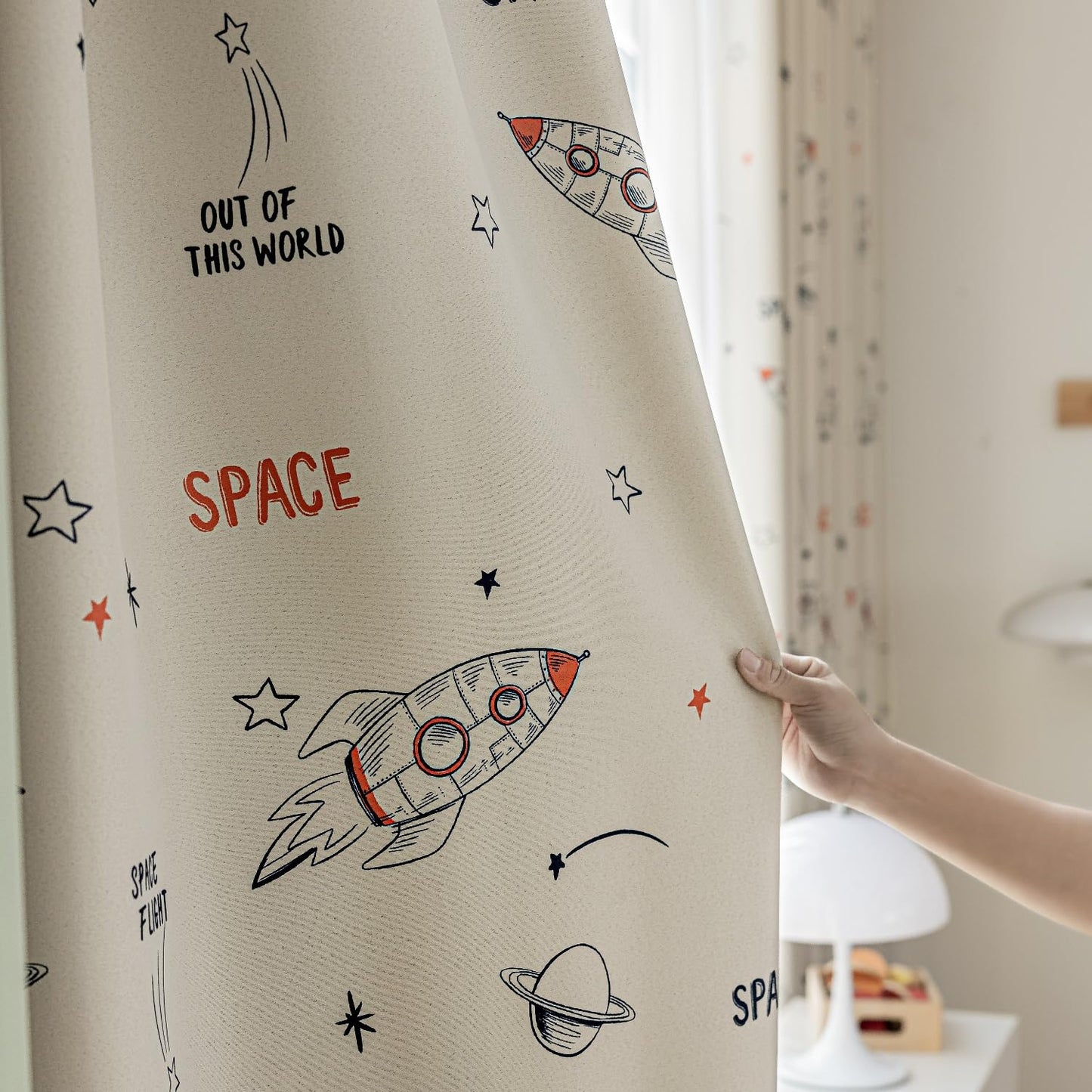 Cartoon Space Theme Pattern Semi Blackout Curtain for Kids Room Nursery