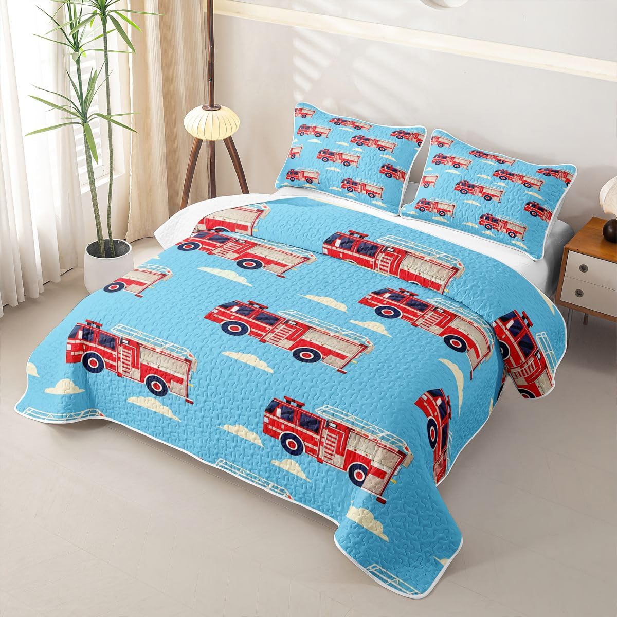 Erosebridal Cartoon Fire Truck Quilt Twin Red Firemen Car Quilt Set for Kids Boys Teens Adults White Cloud Blue Sky Coverlet Fire Engine Bedspread with 1 Pillowcase