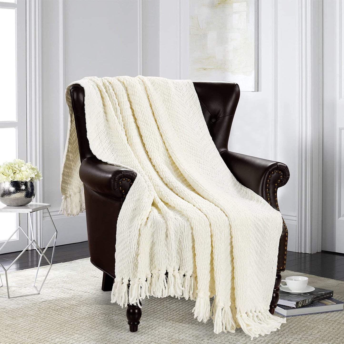 HOMEIDEAS Warm Tassel Knit Blanket Throw Size for Couch Sofa Bed, Cream Thick Knitted Armchair Office Chair Throw Blankets, Winter Chunky Blankets(50x60)