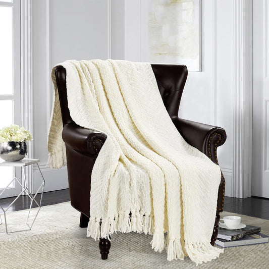 HOMEIDEAS Warm Tassel Knit Blanket Throw Size for Couch Sofa Bed, Cream Thick Knitted Armchair Office Chair Throw Blankets, Winter Chunky Blankets(50x60)
