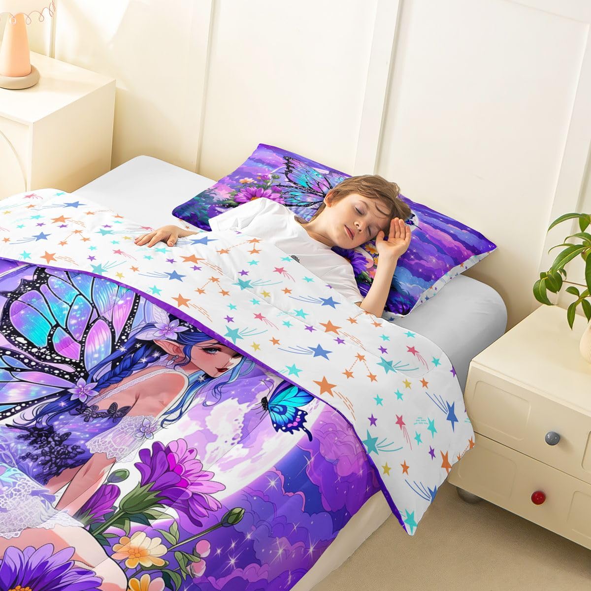 Erosebridal Fairy Girl Bedding Sets Twin - Flower Fairytale Comforter Set for Kids Adults Blue Butterfly Floral Decor Duvet Insert Purple Galaxy Moon Quilt