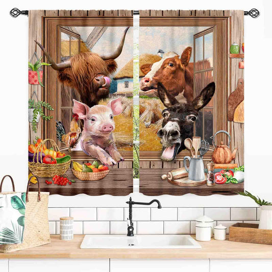 Farmhouse Kitchen Curtains, Rustic Farm Animals Rooster Sheep Donkey Highland Cow Polk Pig Rural Village Country Autumn Fall Window Treatments Drapery for Bedroom Living Room Bathroom, 55x39 Inch