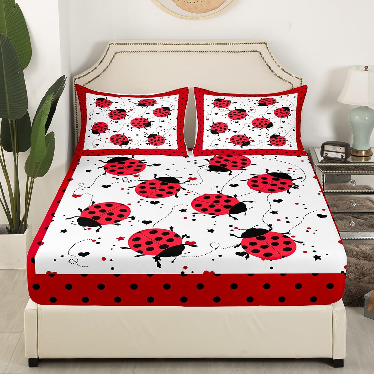 Red Ladybug Fitted Sheet Full Size Cartoon Ladybugs Sheet Set for Kids Child,Cute Ladybird Reptile Bed Sheets Beetles Bugs Pattern Flat Sheet Chic Nature Art Lady Beetle Wild Animal Room Decor
