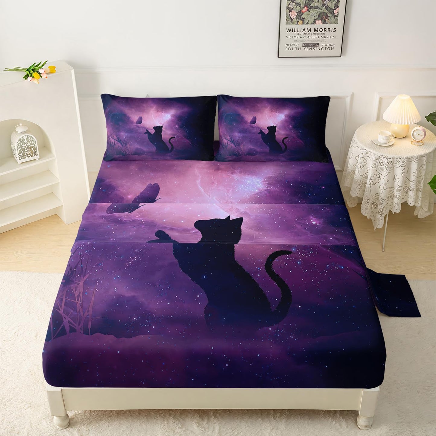 QOOMO Galaxy Cat Sheet Set,Butterfly Kids Bed Sheets,Universe 16" Deep Pocket Bed Sheet Set for Boys/Girls/Kids/Teens，4 Piece Sheet Set, 1 Fitted Sheet,1 Flat Sheet and 2 Pillowcases，Twin Size