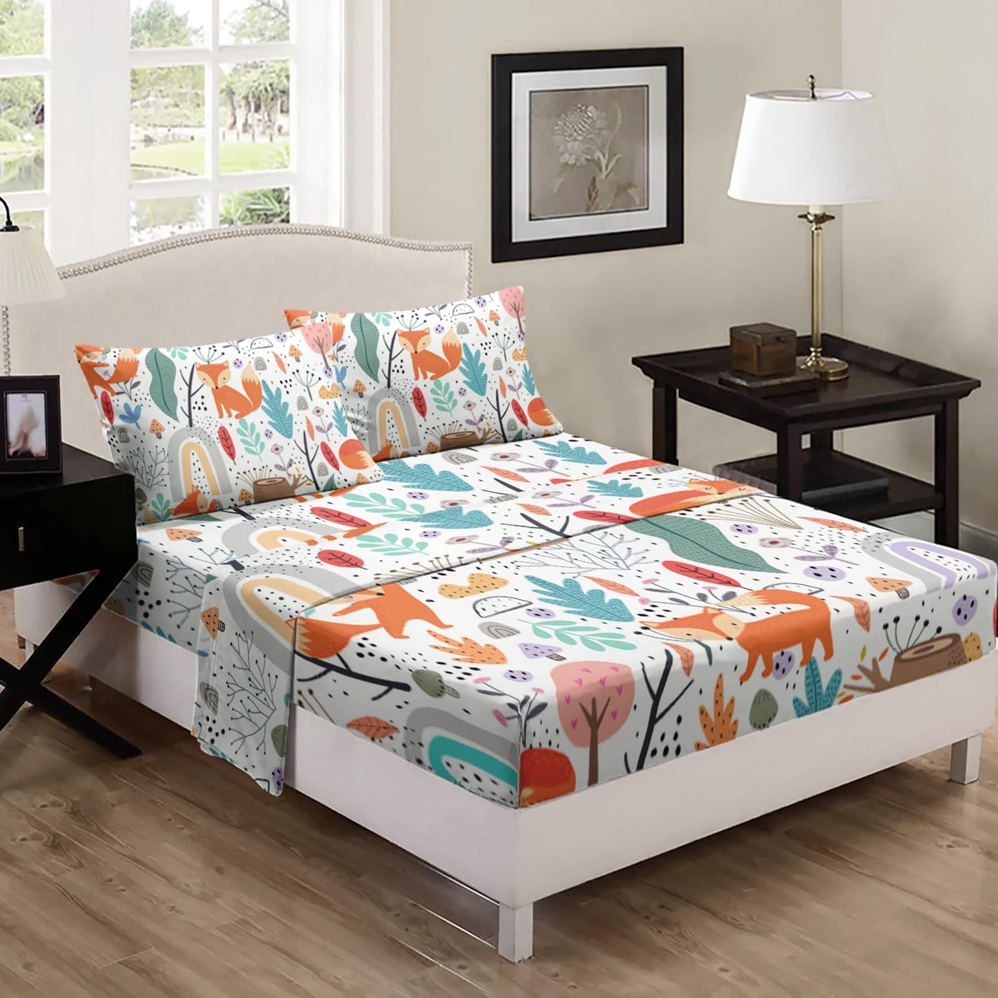 Nttopship Fox 4 Pieces Bed Sheet Sets Full Size Cartoon Forest Fox Printed Bedding Sets with 16" Deep Pockets Wildlife Bedroom Decor,Bedding Set 4 PCS(1 Fitted+1 Flat+2 Pillowcases)