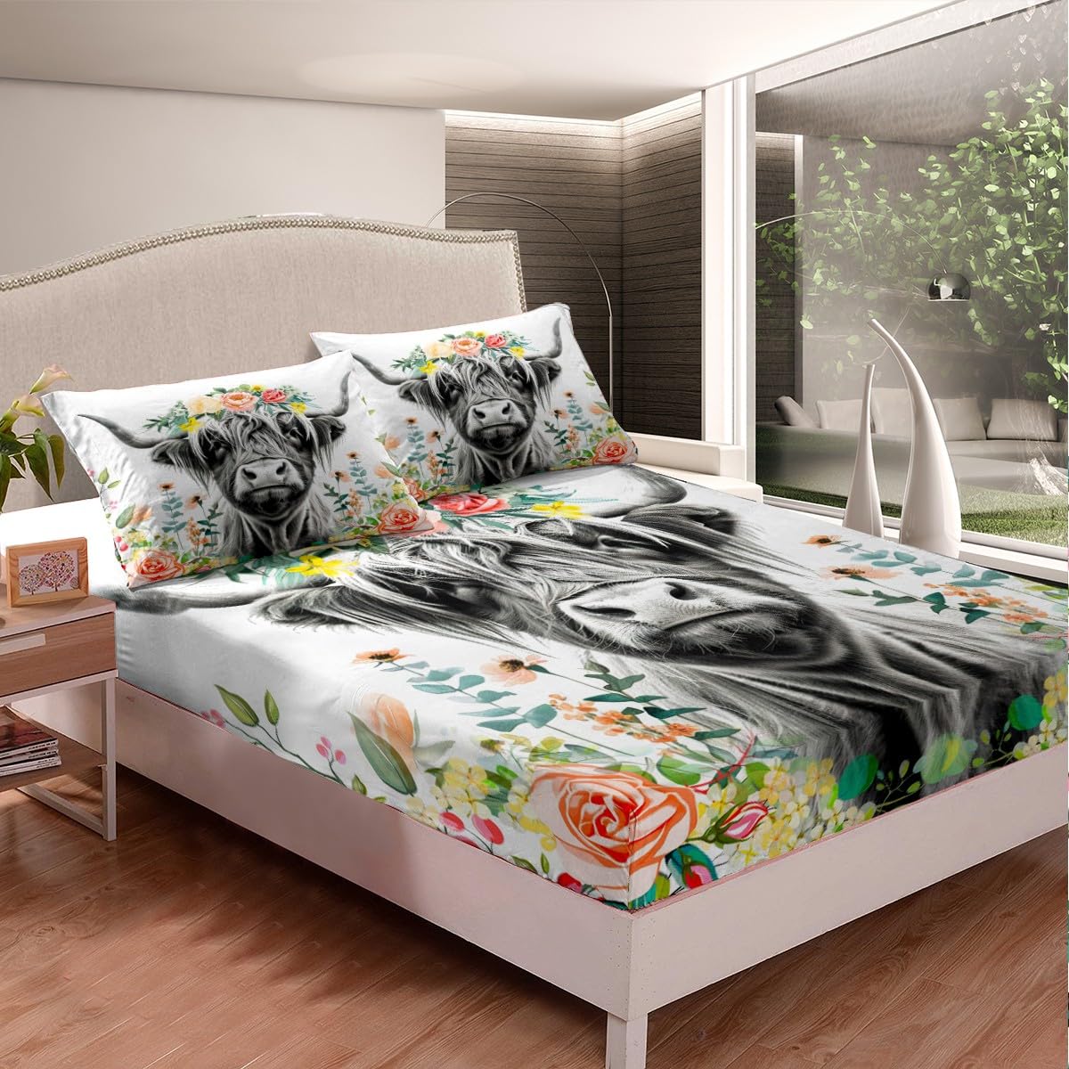 Highland Cow Bed Sheet Set for Girls Boys Kids Bull Cattle Flowers Bedding Set Wild Animal Fitted Sheet & Pillow Sham Set Floral Room Decor Wildlife Farmhouse Cow Bed Cover No Flat Sheet Twin Size