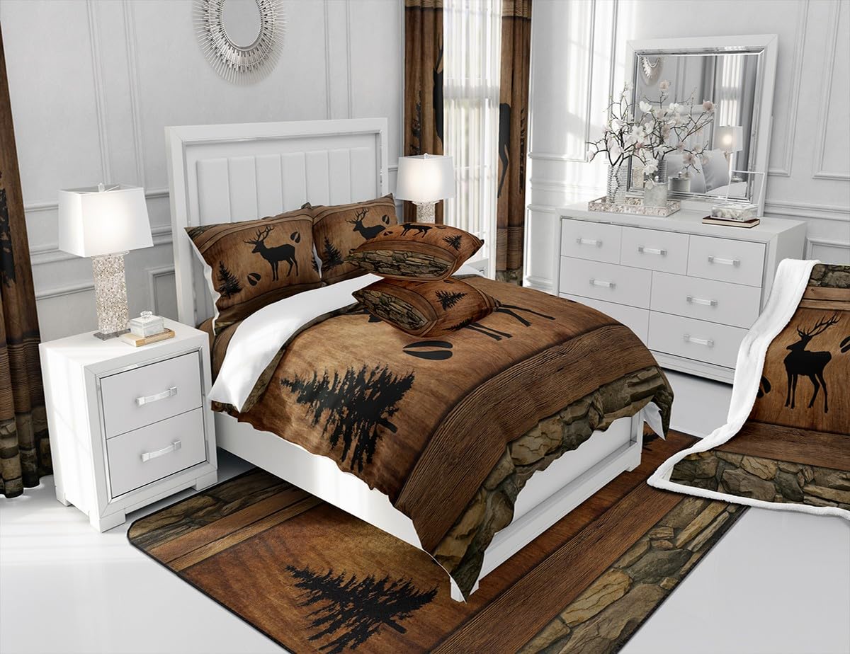 Manfei Rustic Deer Fitted Sheet Twin Size, Black Tree Deer Paw Print Bed Cover with 1 Pillowcase, Brwon Wooden Plank Bedding Set 2pcs for Kids Boy Room Decor, Soft Polyester Bedding