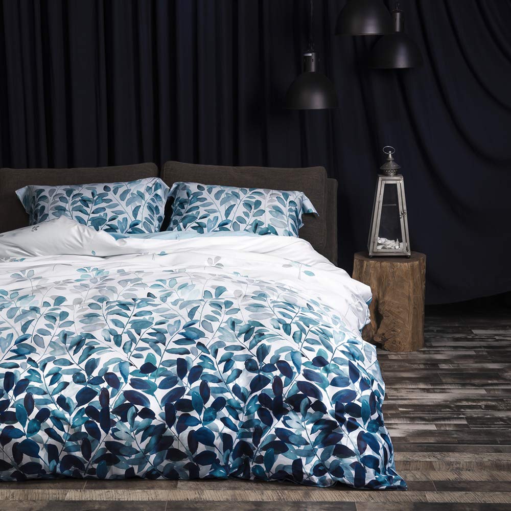 MILDLY 100% Long Staple Cotton Duvet Cover Set Navy Blue Leaves Printed Comforter Cover Set