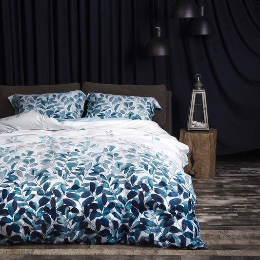MILDLY 100% Long Staple Cotton Duvet Cover Set Navy Blue Leaves Printed Comforter Cover Set