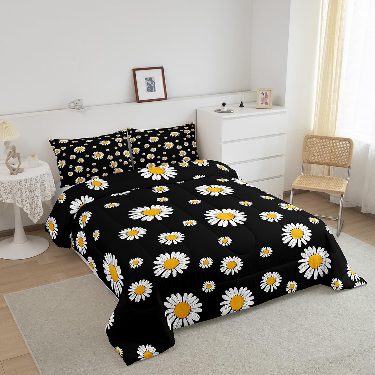 Erosebridal Daisy Comforter Sets Twin Size for Kids Girls Teens Women White Flower Down Comforter Rustic Floral Bedding Set Pastoral Country Style Duvet Sets with 1 Pillow Case Black